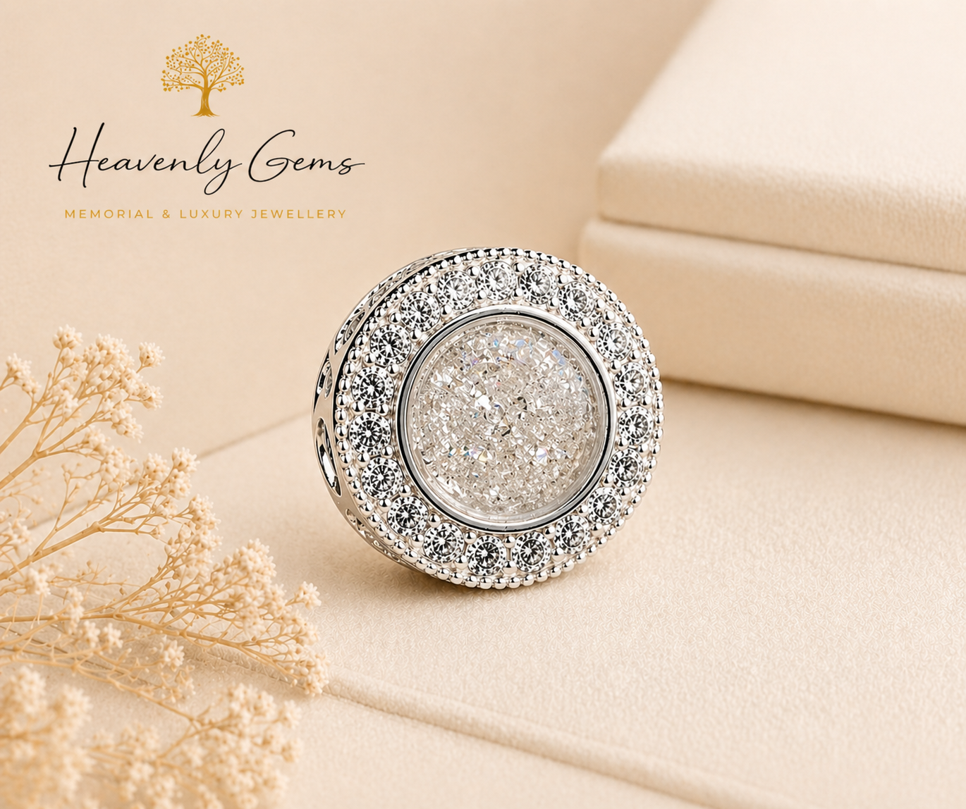 Sterling Silver Cubic Zirconia Memorial Ashes Round Charm