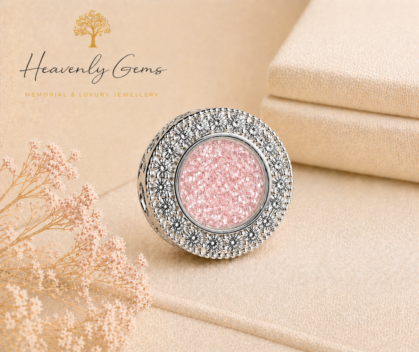 Sterling Silver Cubic Zirconia Memorial Ashes Round Charm