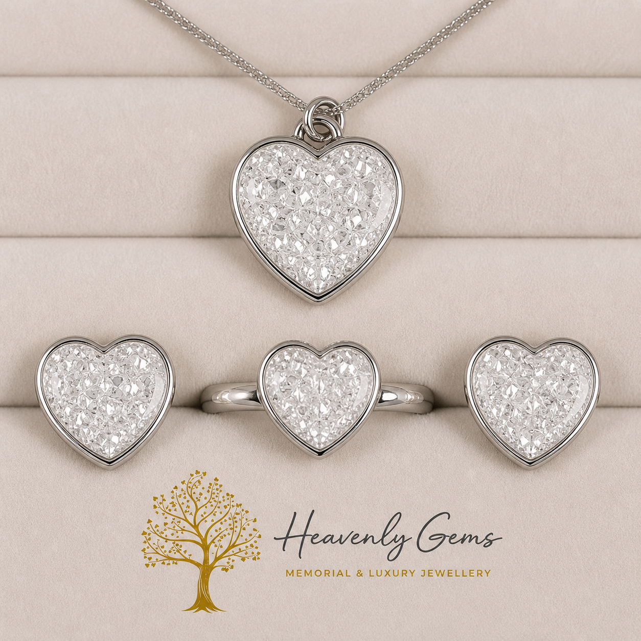 Heart-shaped jewelry set with necklace and rings on a beige background, branded as Heavenly Gems.