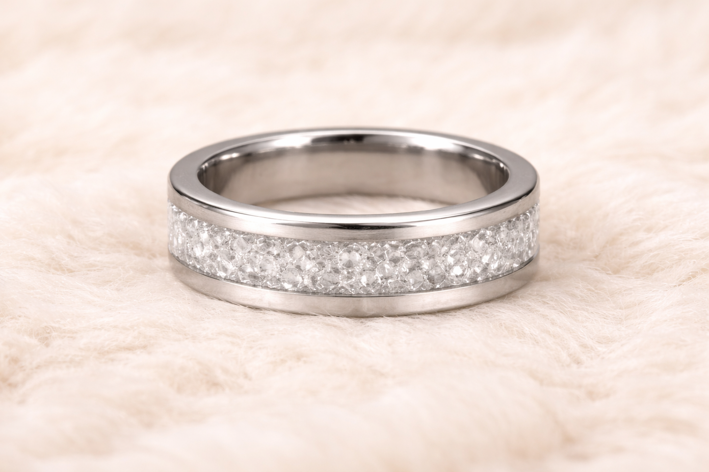 steel ring decorated with shining crystals